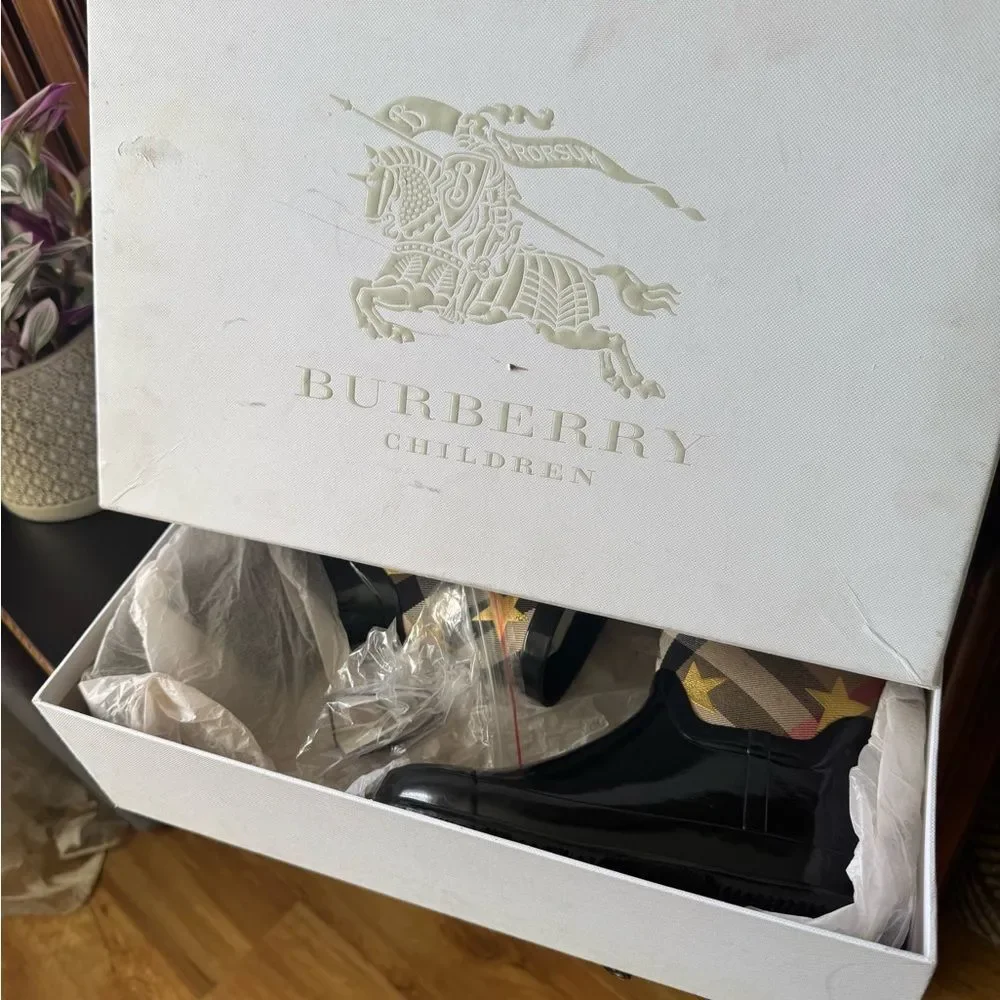 Burberry Black Gloss Rain Boots with Gold Star & Plaid Accent